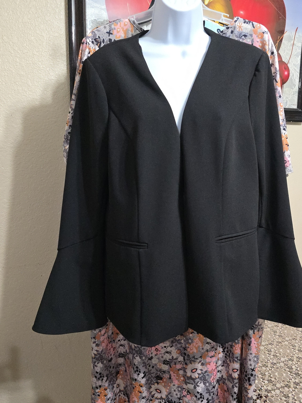 Roz & Ali Black Open-Front Blazer with Flared Sleeves